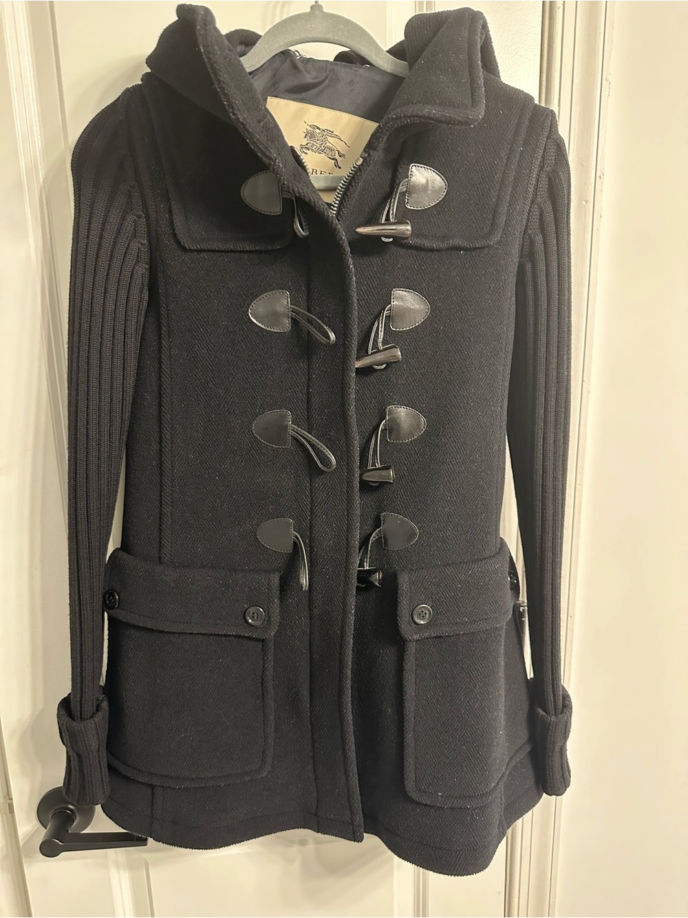Burberry Black Wool Toggle Pea Coat with Hood